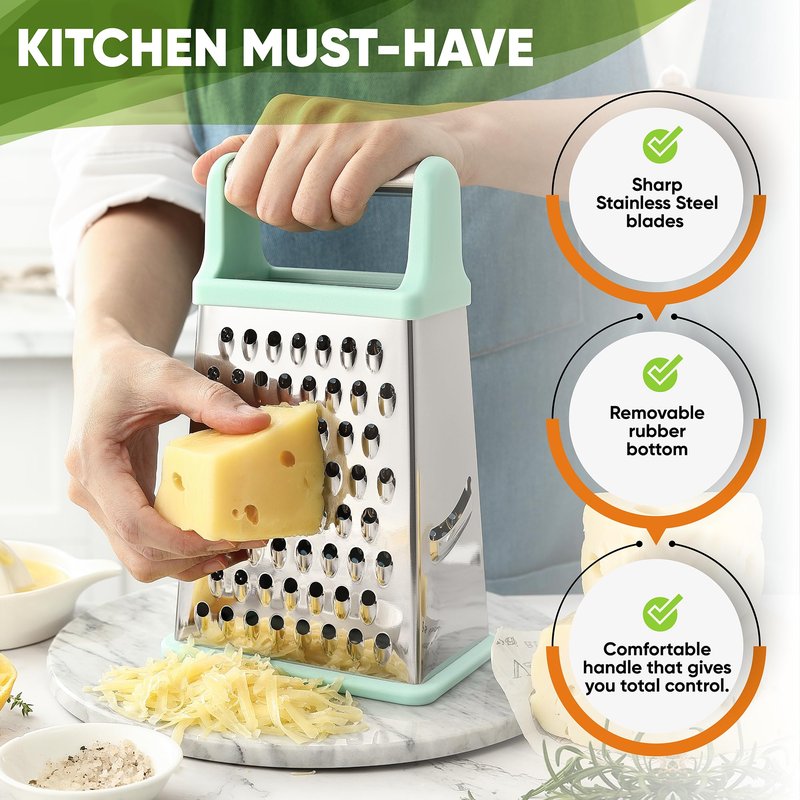 Spring Chef Professional Cheese Grater - Stainless Steel Box Grater for Kitchen, XL Size - Perfect 4 Sided Shredder for Parmesan Cheese, Vegetables, Ginger - Dishwasher Safe - Mint