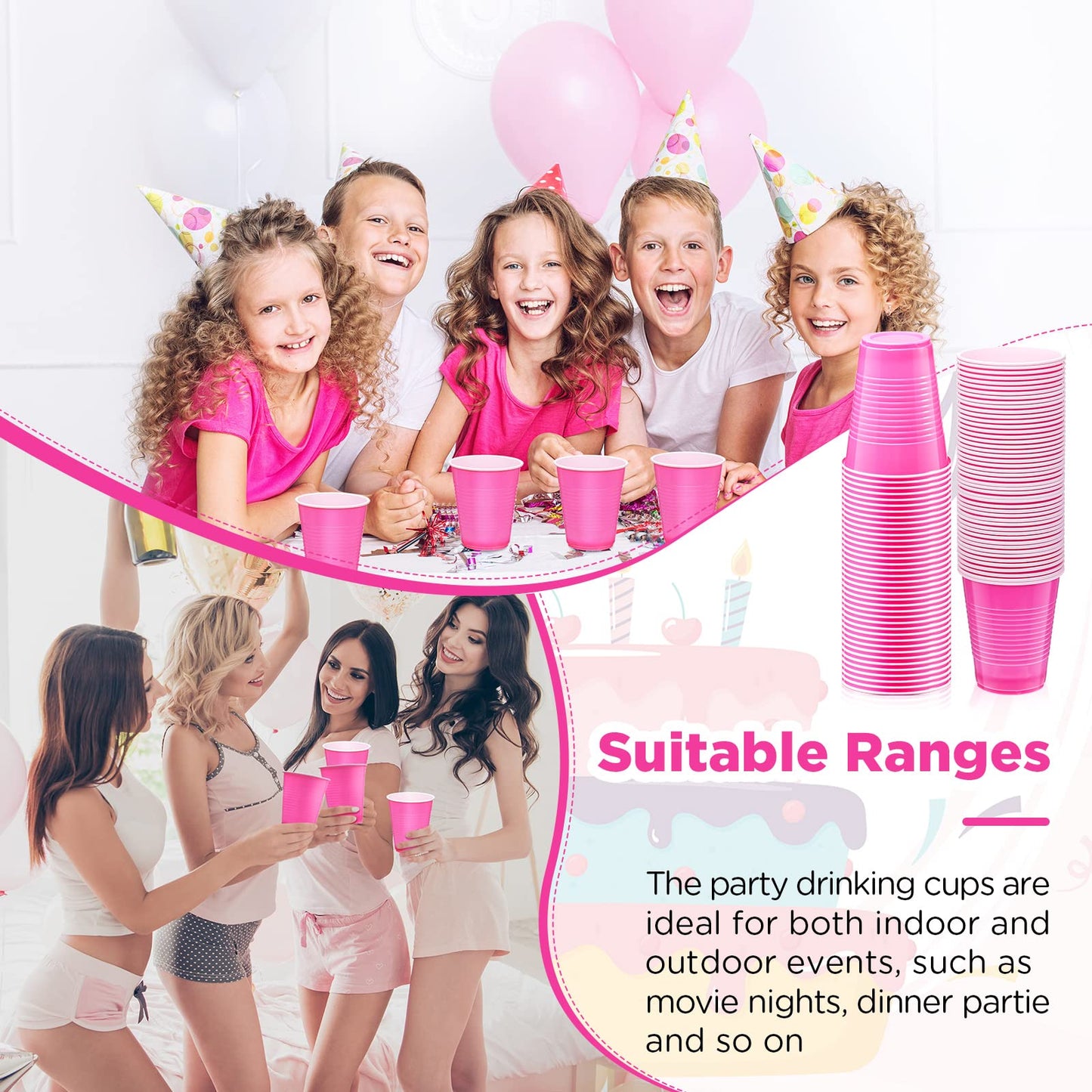 Yinder 50 Count Pink Party Cups 18 Ounce Disposable Plastic Cups for Wedding Birthday Party Beverage Drinking Water Containers for Indoor Outdoor Event Bachelorette Camping(Pink and White)