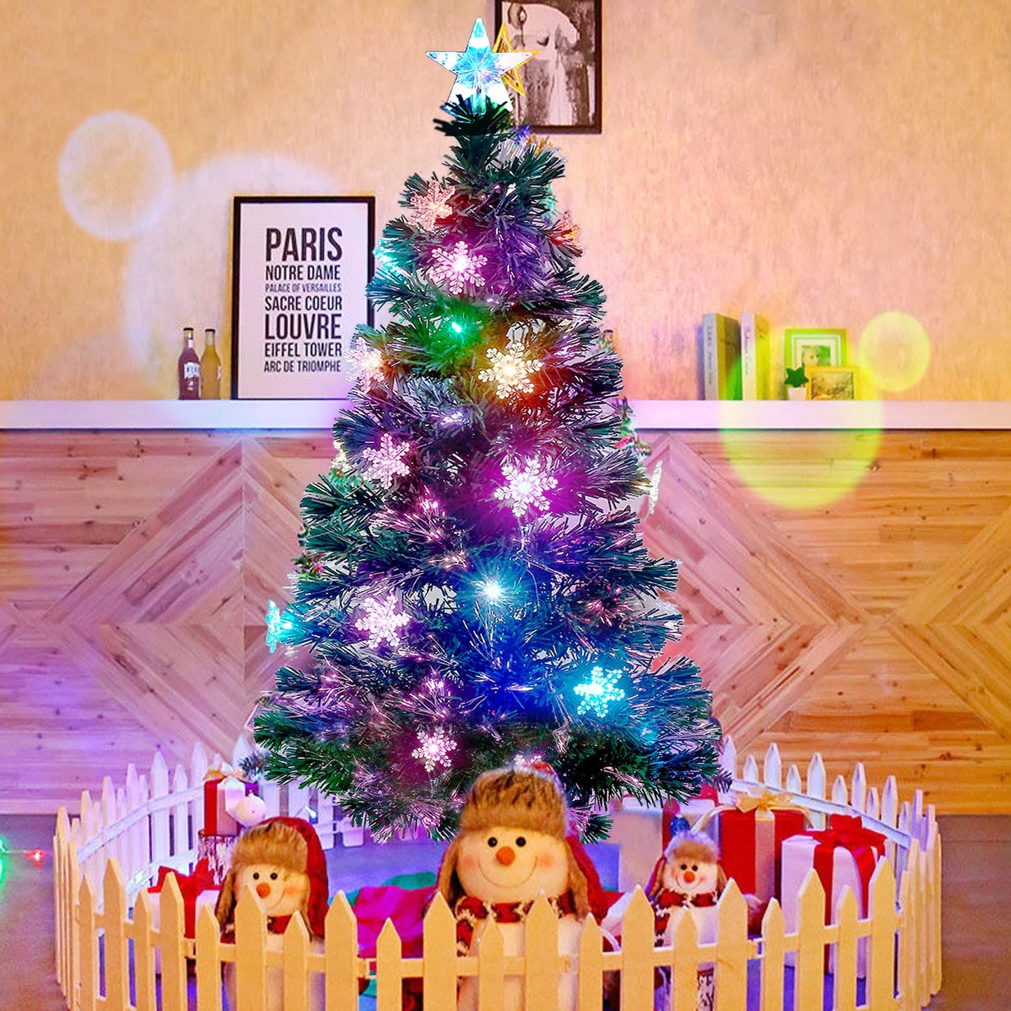 Juegoal 4 ft Pre-Lit Artificial Christmas Tree, Lighted Optical Fiber Xmas Trees with RGB Color Changing LED Lights, Snowflakes & Top Star, Festive Party Holiday Fake Multicolored Tree with Metal Legs