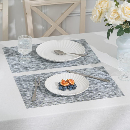 BACKTOEDEN Placemats Set of 6 Heat Resistant Washable Wipeable Placemat Woven Non-Slip Foldable Vinyl/Plastic Place Mats Indoor/Outdoor Mat Kitchen Dining Table Pad, Gray