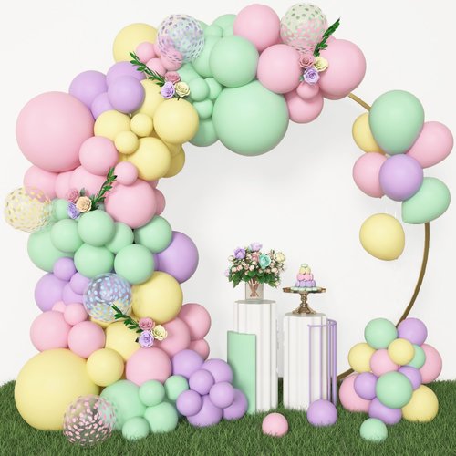 Amandir 153pcs Pastel Balloons Garland Arch Kit, Different Sizes 18 12 10 5inch Pastel Pink Yellow Green Purple Confetti Balloons for Bunny Hunt Spring Baby Shower Birthday Party Decorations