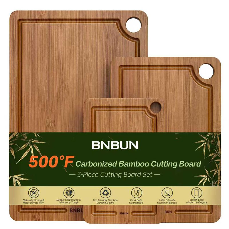 Bamboo Cutting Board for Kitchen – 3-Piece Wooden Boards with Juice Grooves, Side Handles, Non-Slip Mats – Perfect for Meat, Veggies, Fruit – Ideal Kitchen Gift