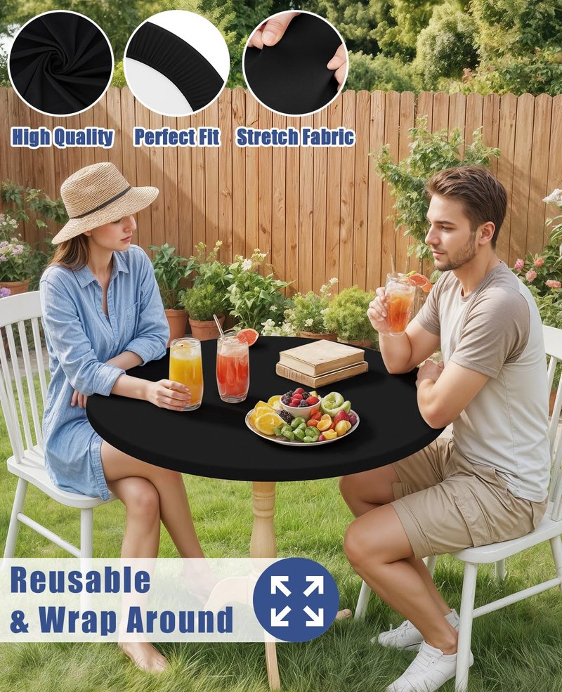 Moosfor Round Spandex Tablecloth, Elastic Fitted Waterproof Tablecloths for 36"-44" Tables, Stretch Washable Picnic Table Cover for Camping, Dining, Indoor and Outdoor, Black