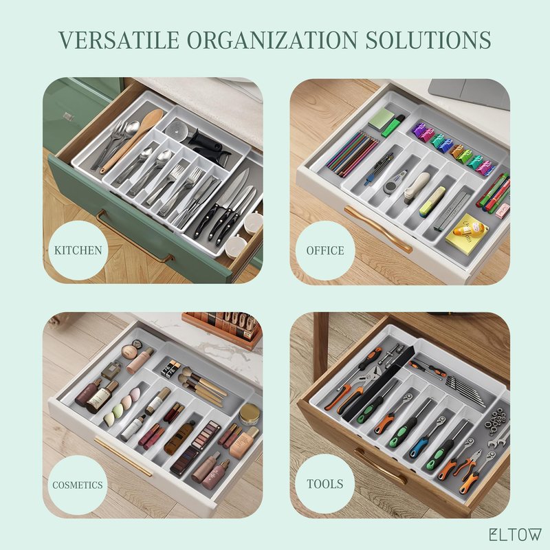 ELTOW Large Expandable Silverware Drawer Organizer, 8 Compartment Non-Slip & Adjustable Silverware Organizer for Drawer, Kitchen Organization for Utensils, Cutlery, Silverware Tray (White)