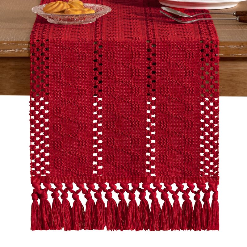 Socomi Boho Table Runner Macrame Long Summer Farmhouse Woven Cotton Linen Rustic Coffee Table Runner with Tassels for Dresser Scarf Home Decor Dining Room 12x108 in Red