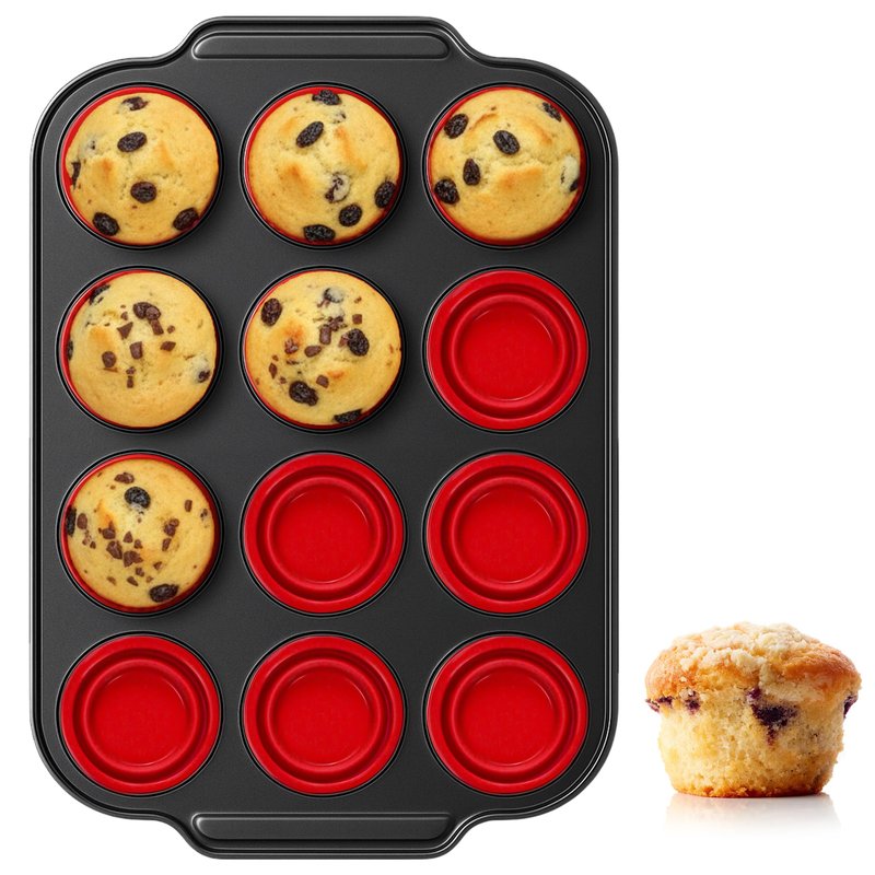 KH866 Silicone Muffin Pan with Metal Frame Nonstick 12 Cup Regular Size Cupcake Tin Bakeware Easy to Pop Egg Bite Molds Oven and Dishwasher Safe Pan Maker Tins Red Cups Non Toxic Baking Cup