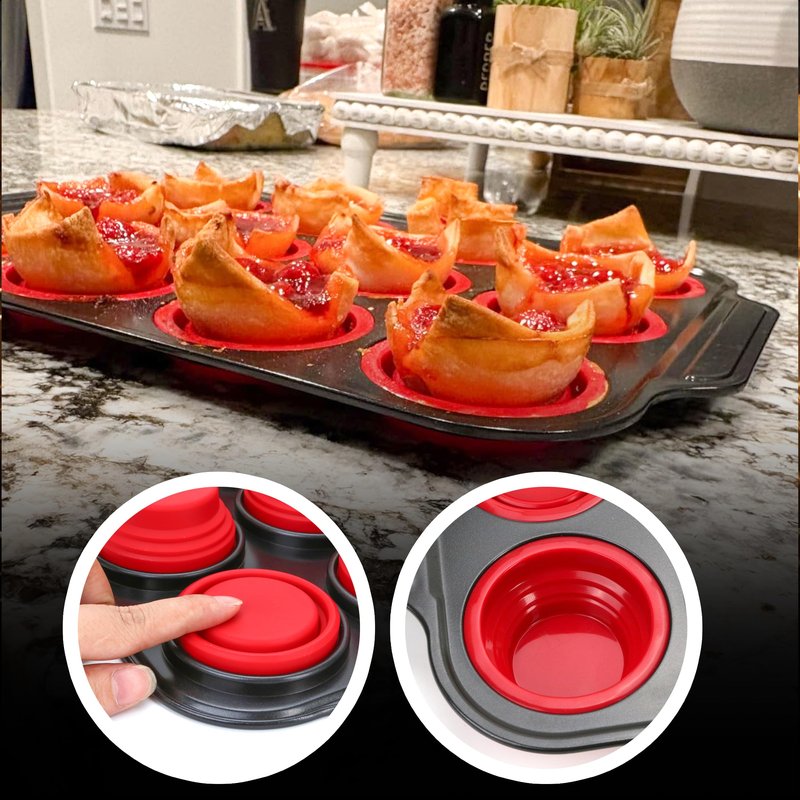 KH866 Silicone Muffin Pan with Metal Frame Nonstick 12 Cup Regular Size Cupcake Tin Bakeware Easy to Pop Egg Bite Molds Oven and Dishwasher Safe Pan Maker Tins Red Cups Non Toxic Baking Cup