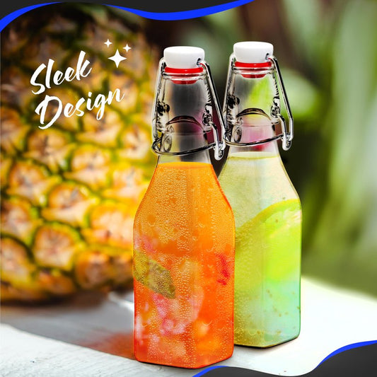 Nevlers 8.5 Oz Square Swing Top Glass Bottles with Stoppers | Flip Top Glass Bottle with Lid 6 Pack | Liquor Bottle Set w/Funnel, Brush & Marker | Water, Dressing & Homemade Vanilla Extract Bottles