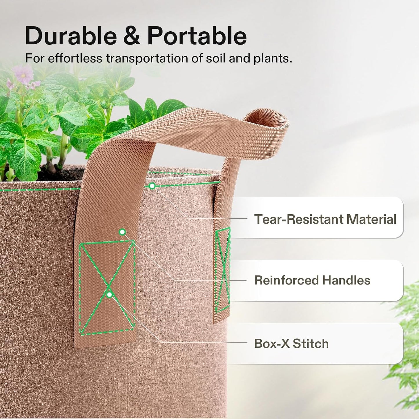 VIVOSUN Grow Bags - Heavy Duty 2 Gallon Nonwoven Fabric Pots with Strap Handles | 5-Pack in Tan
