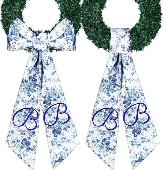 Mindsoft Monogram Wreath Sashes - Embroidered Letter B Design | 56.2 Inch Blue & White Door Decor