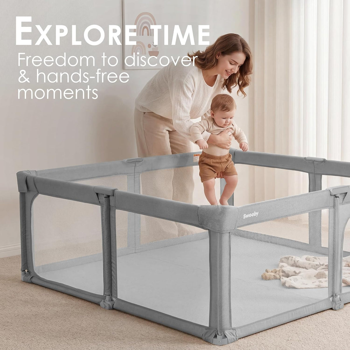 Sweeby Baby Playpen - Extra Large 59x59 Inch Foldable Play Yard with Door for Indoor/Outdoor Use - Gray