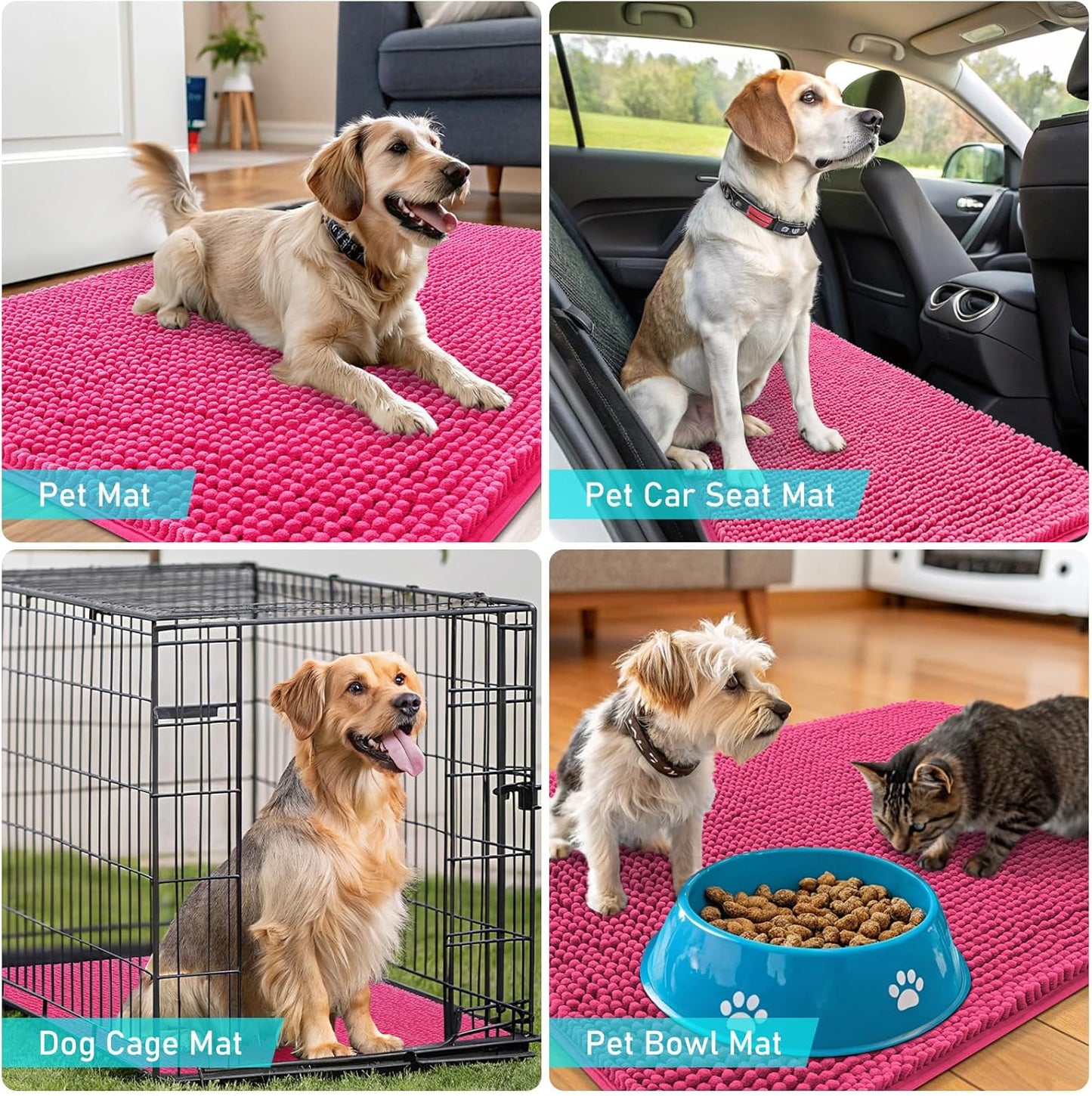 OLANLY Dog Door Mat - Absorbent Non-Slip Chenille Mud Mat for Muddy Paws | 59x20, Hot Pink