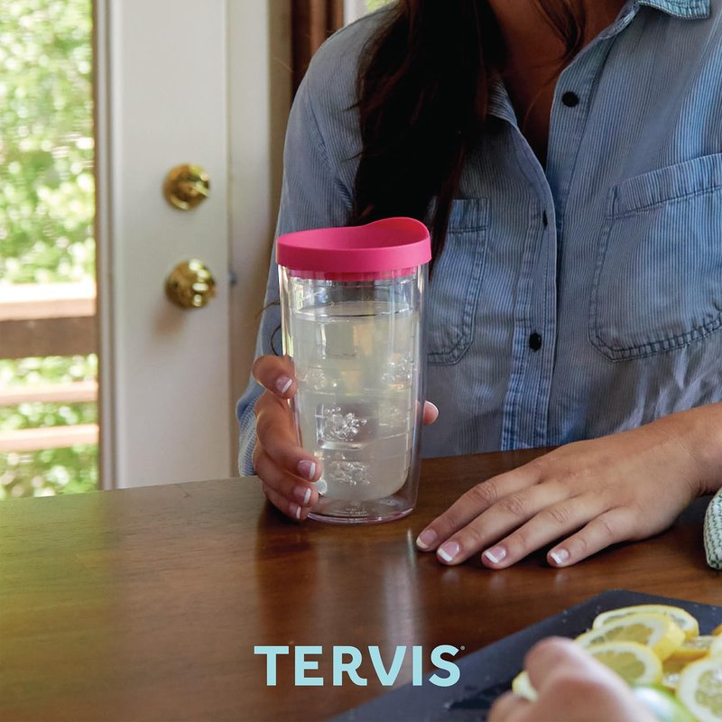 Tervis Clear & Colorful Tabletop Made in USA Double Walled Insulated Tumbler Travel Cup Keeps Drinks Cold & Hot, 16oz - 4pk, Red