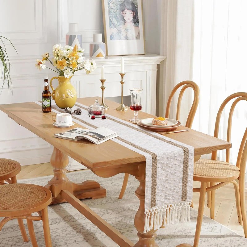 OTOSTAR Boho Table Runner with Tassels 108 Inches Long Farmhouse Rustic Table Runner Macrame Burlap Table Decoration for Home Decor Living Room Bridal Shower, Double Striped (12x108 Inches)