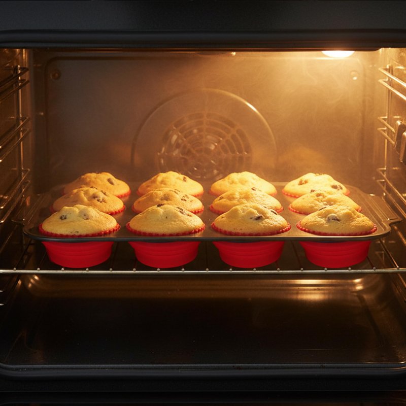 KH866 Silicone Muffin Pan with Metal Frame Nonstick 12 Cup Regular Size Cupcake Tin Bakeware Easy to Pop Egg Bite Molds Oven and Dishwasher Safe Pan Maker Tins Red Cups Non Toxic Baking Cup