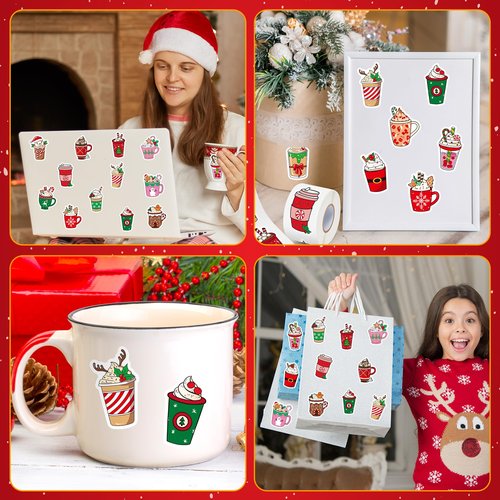 Haooryx Christmas Latte Sticker Rolls - 1000 Pcs Colorful Cartoon Latte Cup Waterproof Vinyl Reusable Laptop Stickers Coloring Book Scrapbook Water Bottle Page Activity Pad Party Favors Skateboard