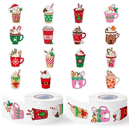 Haooryx Christmas Latte Sticker Rolls - 1000 Pcs Colorful Cartoon Latte Cup Waterproof Vinyl Reusable Laptop Stickers Coloring Book Scrapbook Water Bottle Page Activity Pad Party Favors Skateboard