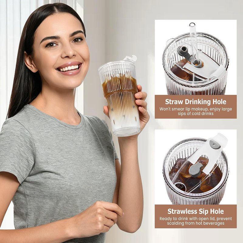 TUZAZO 20 Oz Ribbed Glass Tumblers with Lids and Straws - 4 Pack Reusable Glass Coffee Cups with Straws and Lids, Thicken Glass, Ideal for To Go Iced Coffee
