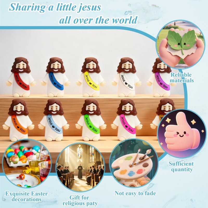 TFengfly 50 Pcs Little Jesus Figures Small Easter Jesus Loves You Toys 10 Colors Mini Rubber Jesus Miniatures to Hide and Seek Religious Gift Party Favors Easter Egg Stuffers Sunday School (50)