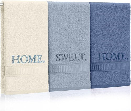 FuWeave Hand Towels Set - Rustic Embroidered Cotton for Bathroom & Kitchen | 3 Pcs Blue Home Sweet Home Decor