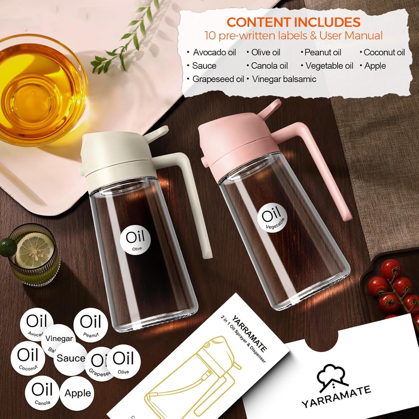 YARRAMATE 16oz Glass Olive Oil Sprayer - 2-in-1 Food Grade Premium Kitchen Dispenser | Peach Pink