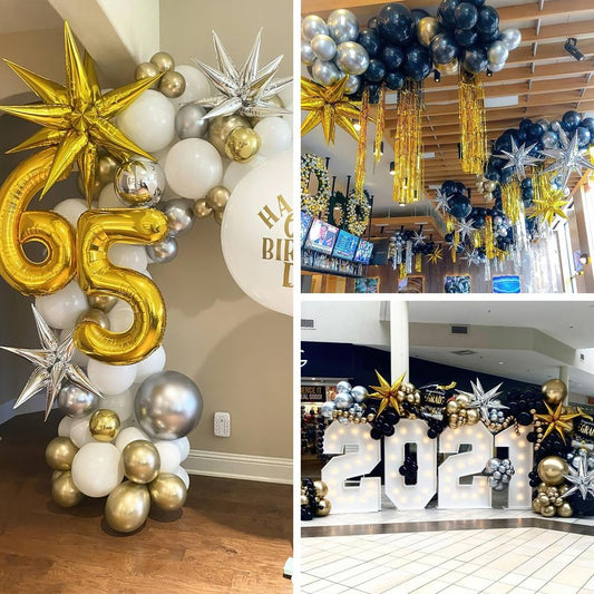 PartyWoo Metallic Gold Star Balloons 110pcs Different Sizes 18 12 10 5 Inch Pack 22 Inch Gold Spike Star Explosion Foil Mylar Balloon Arch Kit for Birthday Engagement Party Decorations Gold-G101