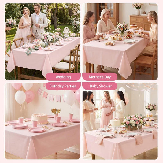 3 Pack Plastic Light Pink Tablecloths, 54 X 108Inch Disposable Spring Tablecloth Scalloped Mother's Day Table Cloth for Rectangle Tables Table Cover for Easter Baby Shower Bridal Tea Party Wedding