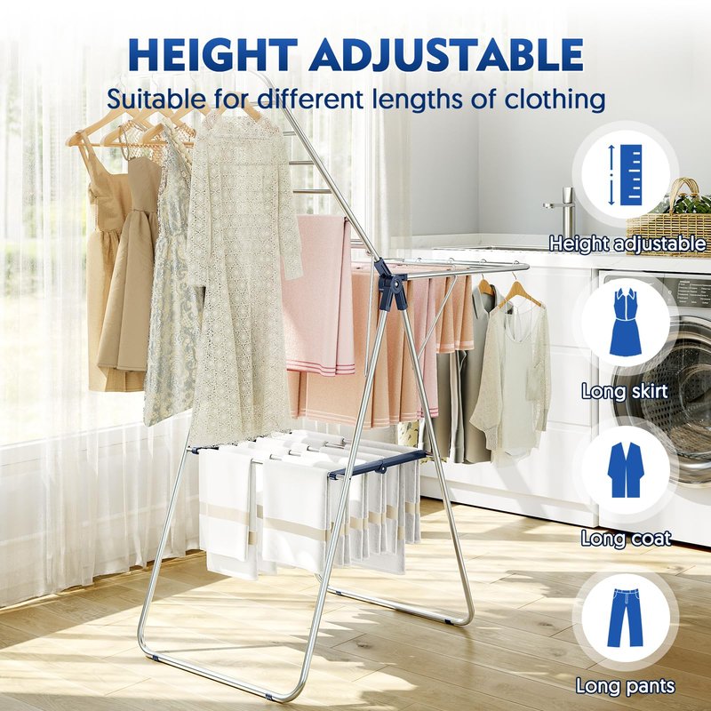 APEXCHASER Clothes Drying Rack, Stainless Steel Drying Rack Clothing with Height-Adjustable, Foldable Gullwings Laundry Drying Rack, Indoor Outdoor Use, No Assembly