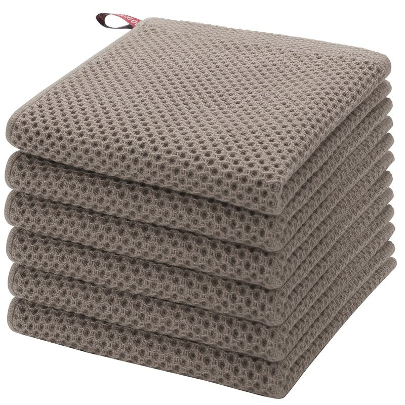 PiccoCasa 100% Cotton Dish Cloths Rags - Waffle Weave Kitchen Towels for Washing Dishes - Soft Absorbent Dish Towels for Kitchen Drying - 6 Pack -13 x 13 Inch - Brown