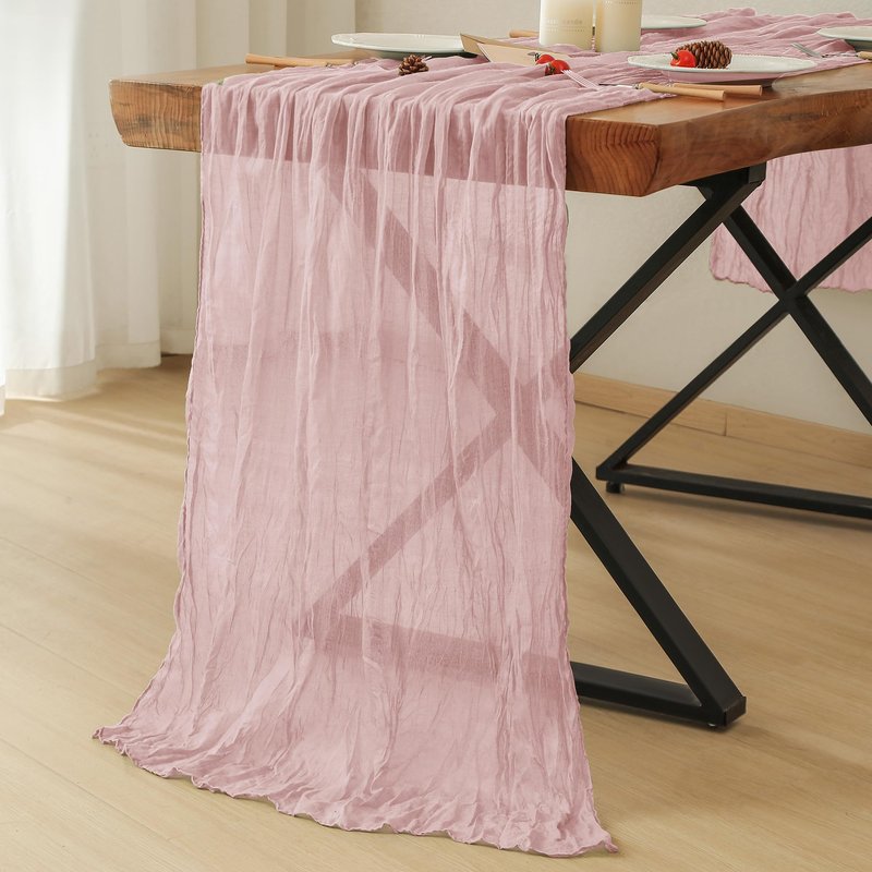 Leetaltree Cheesecloth Table Runner with Wrinkle Texture - 35x120 Inch 10 FT Crinkled Gauze Table Runner for Wedding, Party & Home Decor - Elegant Scarf Table Runner (Pink, 3 Pack)