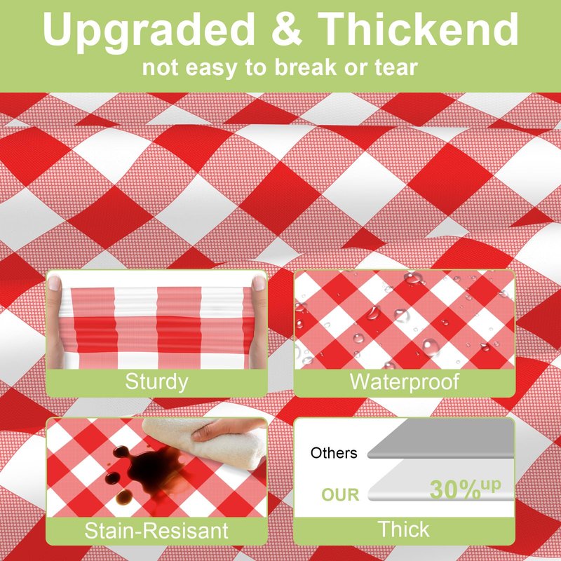 QIKSION Red Gingham Tablecloth Disposable 3 Pack, 54 x 108 Inch Red and White Checkered Table Cloth for Picnic, Outdoor BBQ Decorations, Birthday Party Supplies, Rectangle, Plastic Table Cover