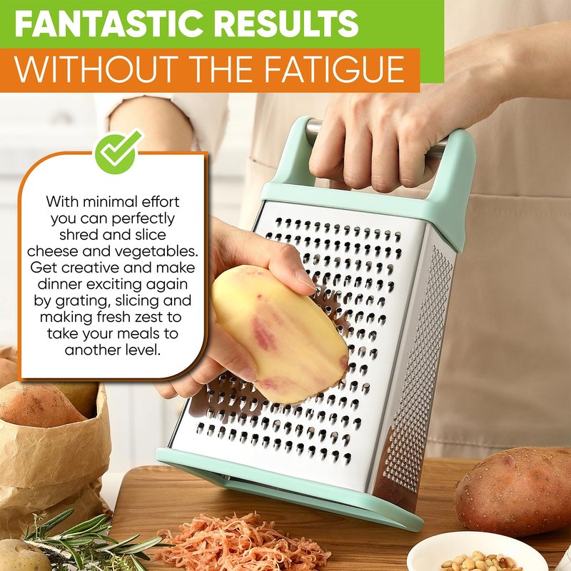 Spring Chef Professional Cheese Grater - Stainless Steel Box Grater for Kitchen, XL Size - Perfect 4 Sided Shredder for Parmesan Cheese, Vegetables, Ginger - Dishwasher Safe - Mint