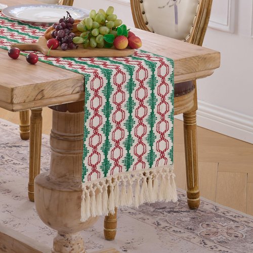 Fancy Homi Christmas Boho Cotton Polyester Table Runner 72 Inches Long, Farmhouse Macrame Table Runners with Tassels for Home Party Bohemian Rustic Bridal Shower Kitchen Dining Decor 12x72 Inches