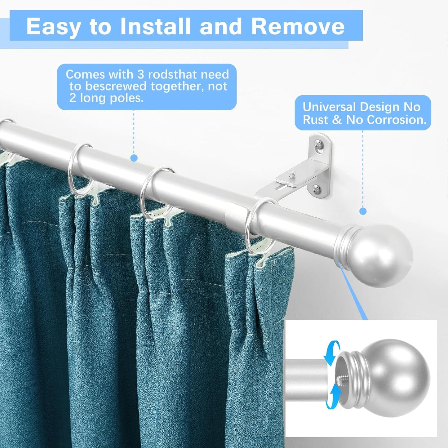 Max Adjustable Curtain Rods by [Brand Name] - 16 to 48 Inches, 1-Inch Diameter, Satin Silver Finish