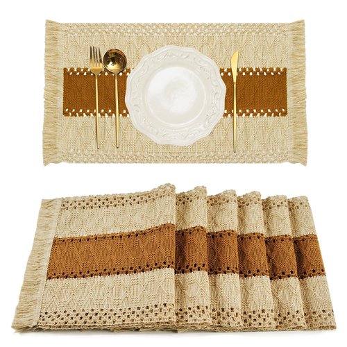 FEXIA Boho Placemats Set of 6, Macrame Table Decor and Farmhouse Style Placemats Natural Cotton Burlap, for Dining Table, Caramel