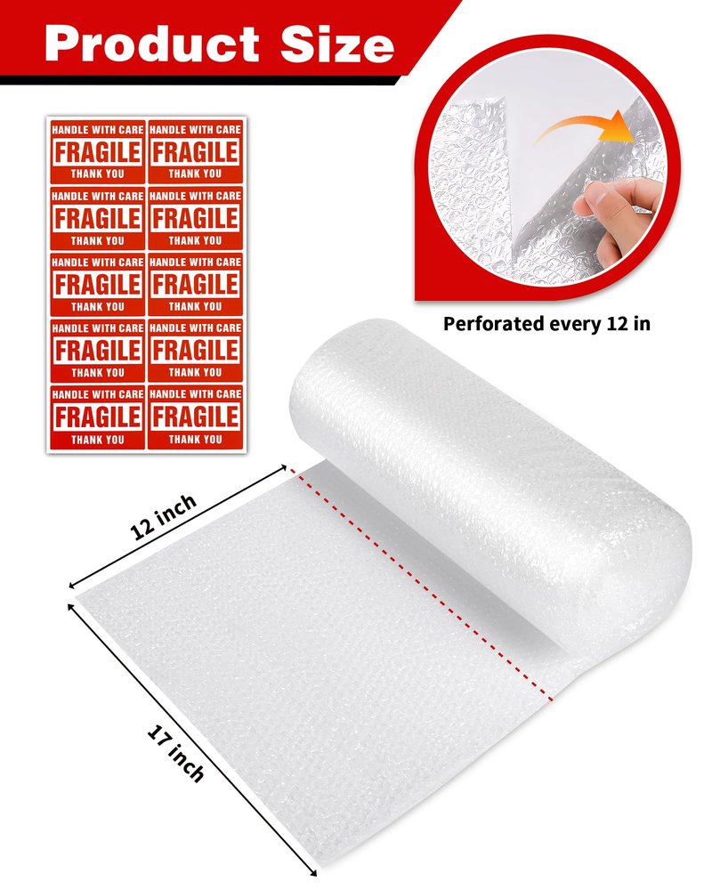 2-Pack Bubble Cushioning Wrap Rolls, 3/16" x 17" x 72' ft Total, Perforated 12" 20 Fragile Stickers for Shipping, Packaging, Mailing