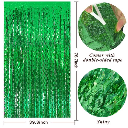 Green Tinsel Foil Fringe Curtains Wavy Backdrop for Party Sparkle Metallic Wavy Streamers Photo Booth Props for Birthday Dinosaur Animal St Patrick's Day Football Christmas Party Decorations
