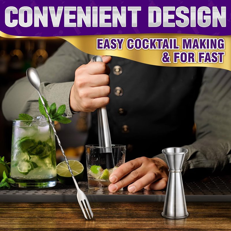 3 Pcs Muddler for Cocktails Set - Bar Muddler Tool with Sturdy Head, Versatile Cocktail Spoon & Jigger, Easy to Use & Clean, Stylish Rust-Resistant Stirring Tool - Bar Tools for Drinks Mixing