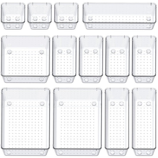SMARTAKE 13-Piece Drawer Organizers with Non-Slip Silicone Pads, 5-Size Desk Bathroom Drawer Organizer Trays Storage Tray for Makeup, Jewelries, Utensils in Bedroom Dresser, Office and Kitchen, Clear
