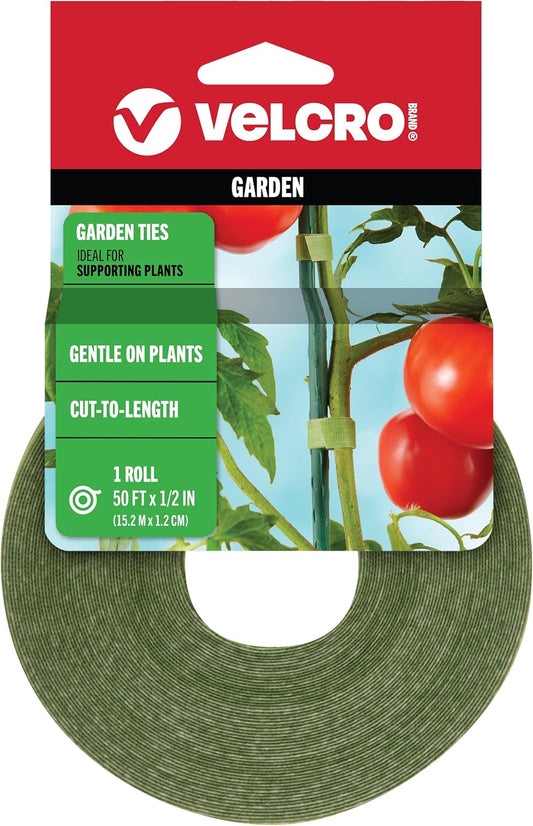 VELCRO Brand Garden Ties - Reusable & Adjustable Plant Supports | 50 ft x 1/2 in, Green Recycled Plastic