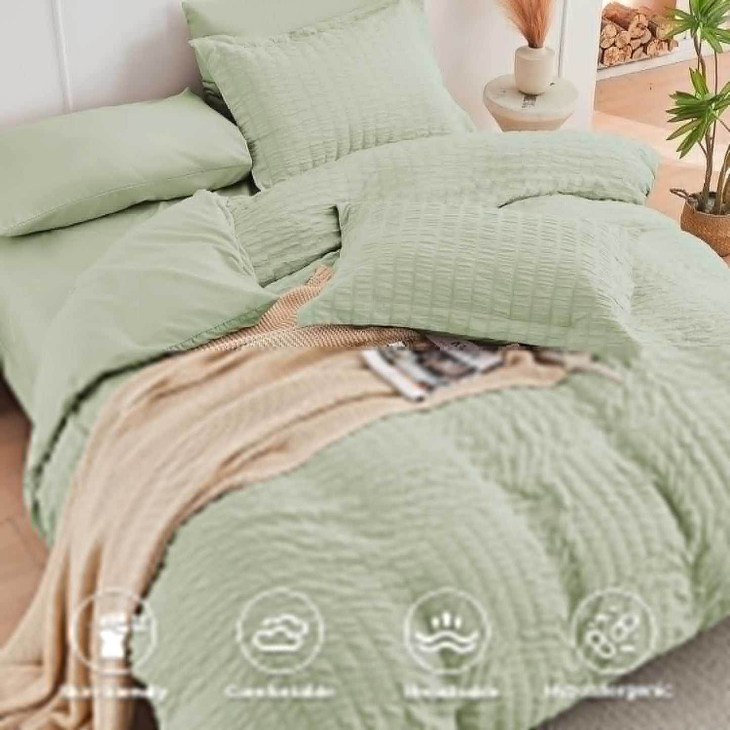 HYMOKEGE King Size Comforter Set - Light Green Seersucker 7-Piece Luxury Bedding Set | All-Season Comfort