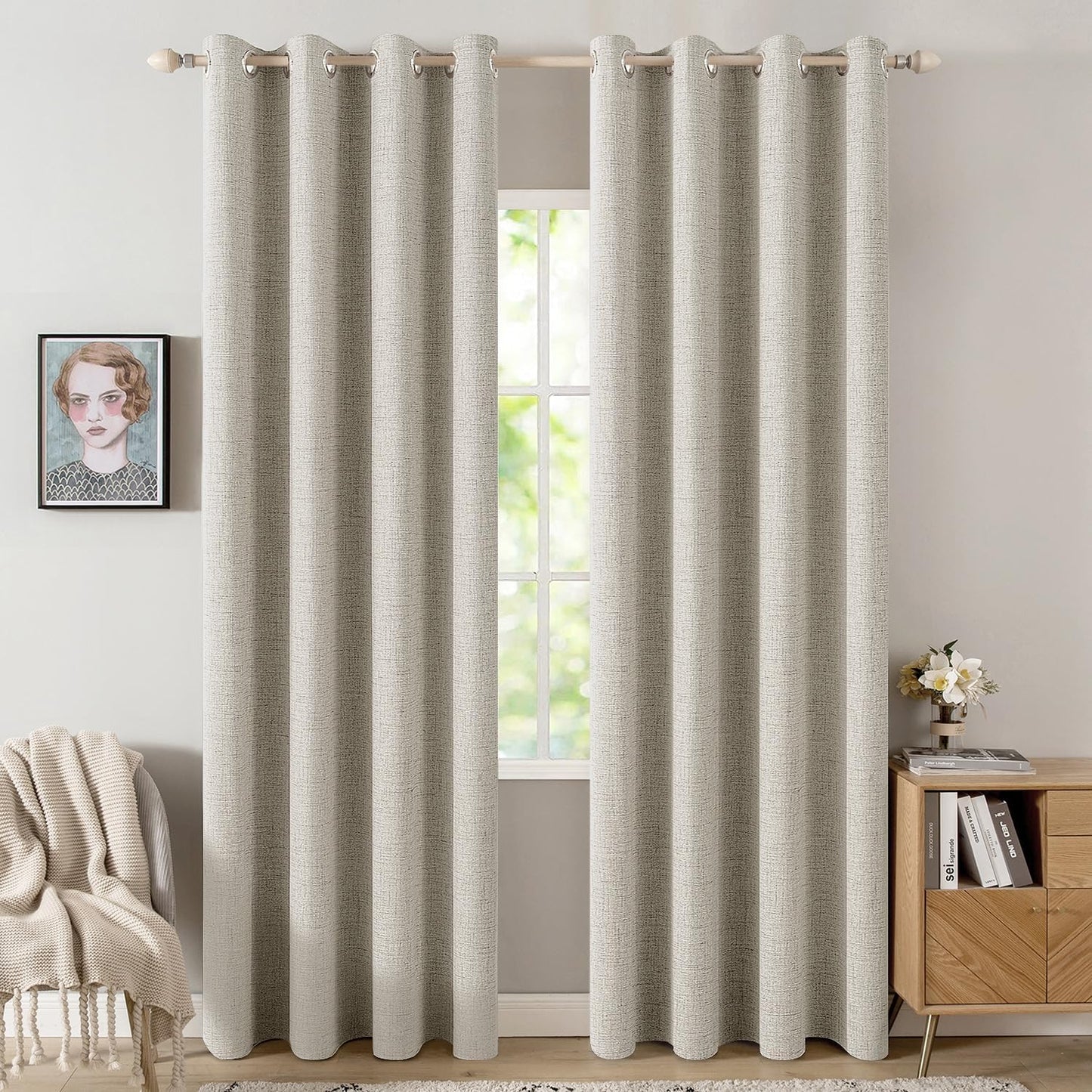 MIULEE 100% Blackout Linen Curtains - Thermal Insulated Cobblestone Drapes | 52 x 84 Inch (2 Panels)