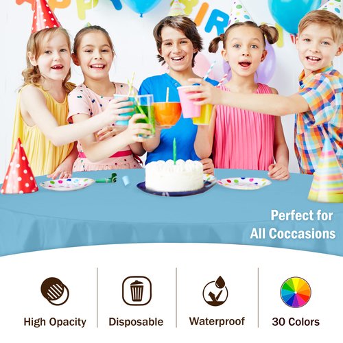 Exquisite Party Solids 6-Pack Premium Plastic Tablecloth 84in. Round Plastic Table Cover - Sky Blue