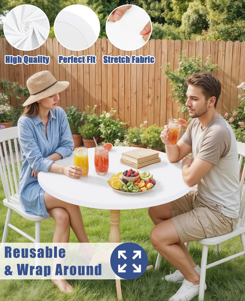 Moosfor Round Spandex Tablecloth, Elastic Fitted Waterproof Tablecloths for 31"-35" Tables, Stretch Washable Picnic Table Cover for Camping, Dining, Indoor and Outdoor, White