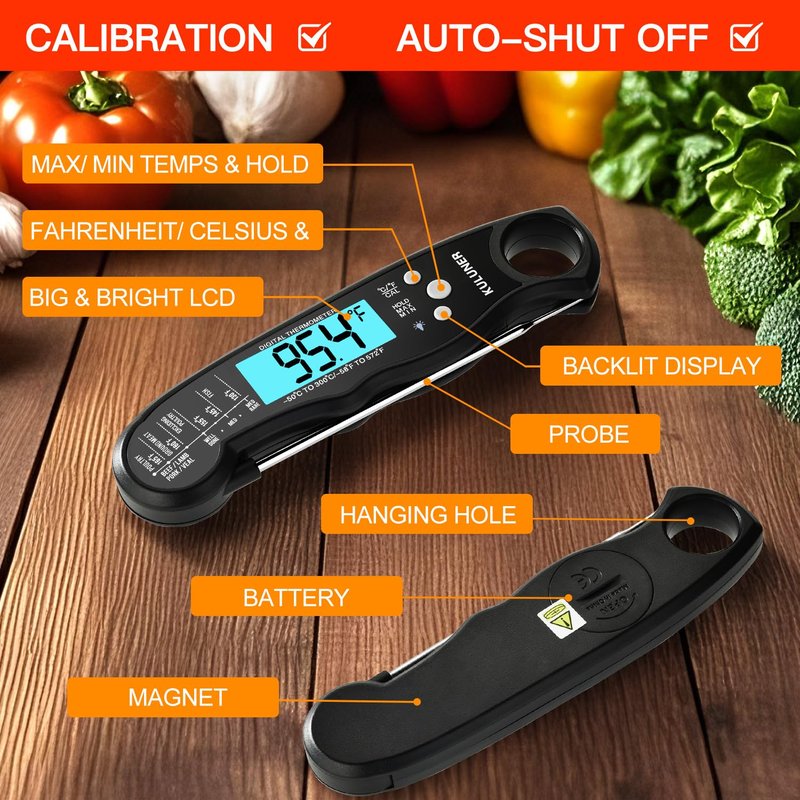 KULUNER TP-01 Waterproof Digital Instant Read Meat Thermometer with 4.6 Folding Probe Backlight Calibration Function for Cooking Food Candy, BBQ Grill, Liquids,Beef(Black)
