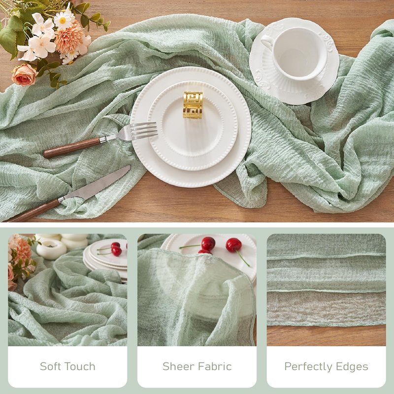 2Pcs Cheesecloth Table Runner Sage Green 10FT Boho Gauze Cheese Cloth Table Runners 120 Inches Long Rustic Sheer for Centerpiece Home Party Christmas Wedding Baby Shower Spring Easter Decor