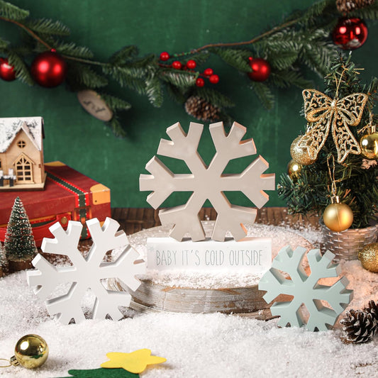 KORMMCO Winter Snowflake Fireplace Decorations - 4Pcs Farmhouse Christmas Decor | White, Brown, Blue