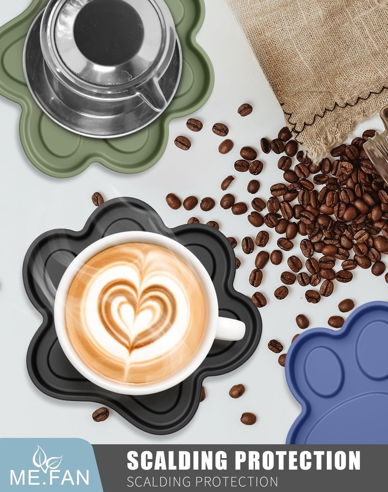ME.FAN Silicone Coasters 6 Pack Paw Cup Mat with Holder, Dog Cat Paw Shape, for Hot or Cold Drink, Non-Slip, Non-Stick, Room Decor, Housewarming Dusty Rose