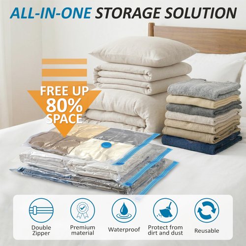 Cozy Essential Vacuum Storage Bags, 80% Compression Vacuum Seal Space Saver Plastic Packaging Bags for Clothes, Blankets, Pillow, Bedding, Comforters, Sealer Clothing Storage,10 Combo