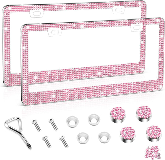Amiss Bling License Plate Frame - Handcrafted Rhinestone Crystal Design | Premium Stainless Steel, Pink